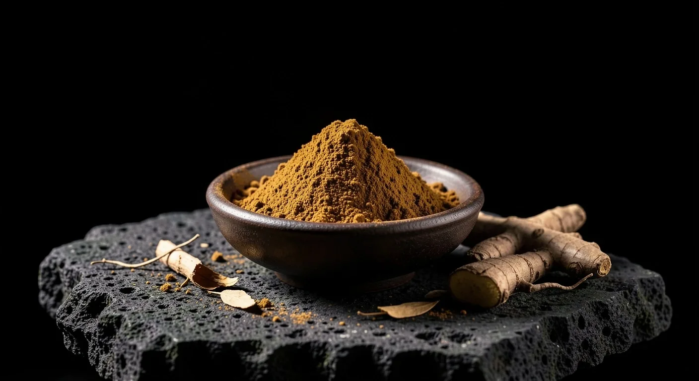 Ashwagandha root powder in a dark ceramic bowl