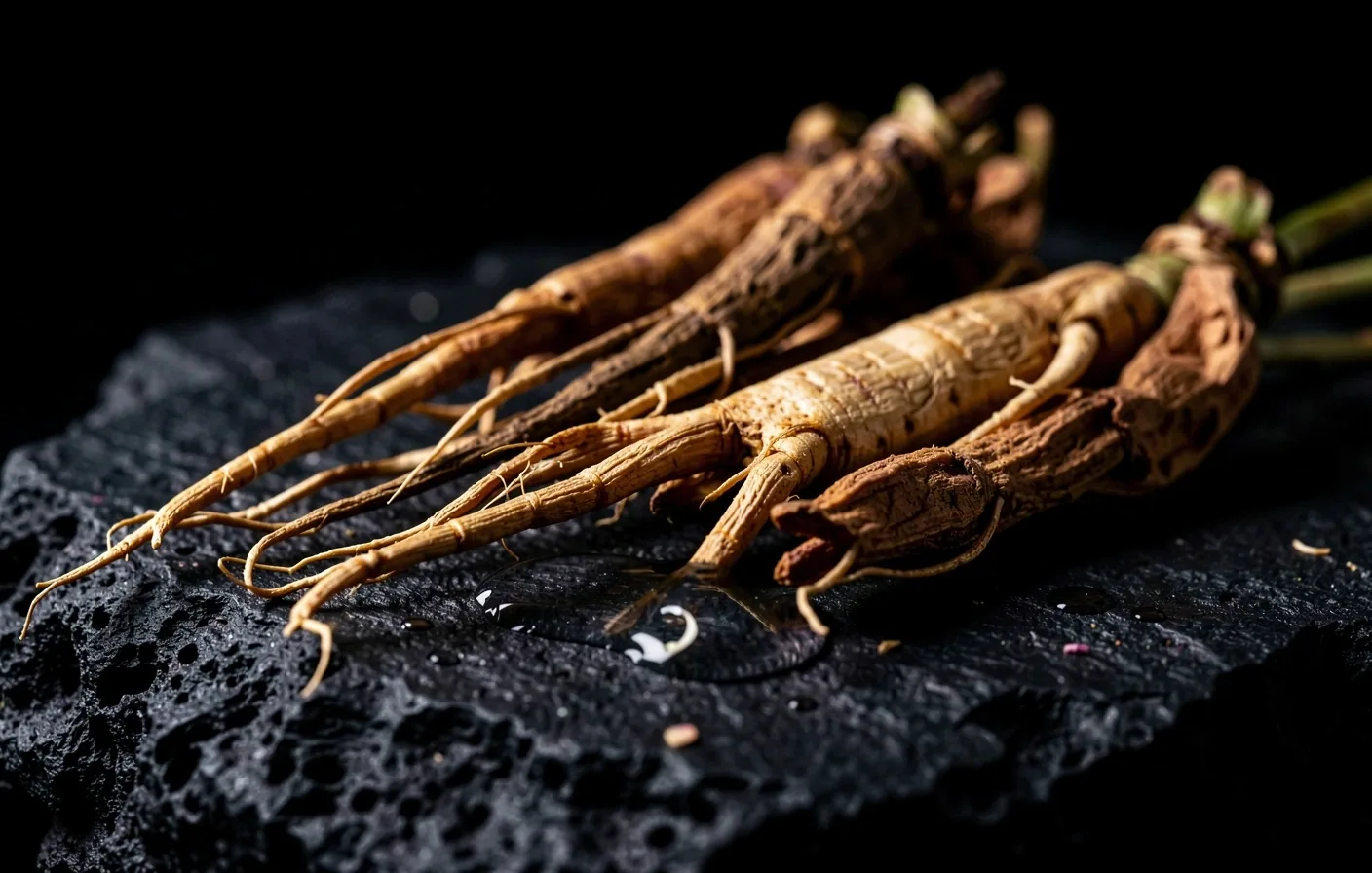 Dark macro photograph of ginseng and rhodiola roots on volcanic stone