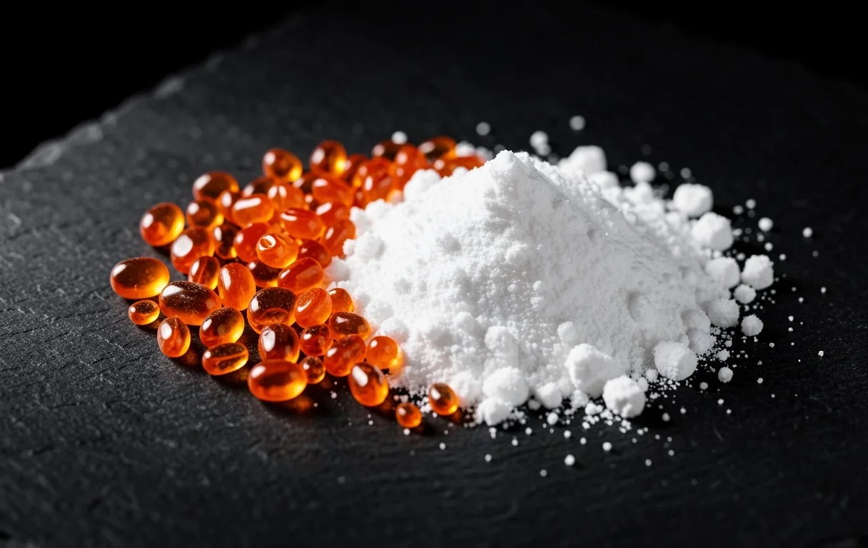 Macro photograph of CoQ10 and L-Carnitine on a dark surface