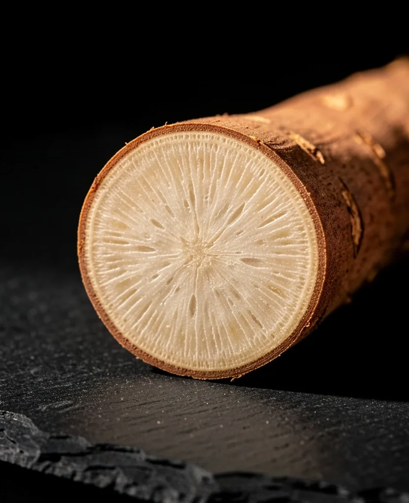 Macro photograph of sliced Maca root on dark slate