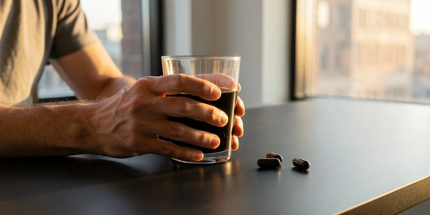 Hands holding a glass of water beside supplement capsules on a dark desk