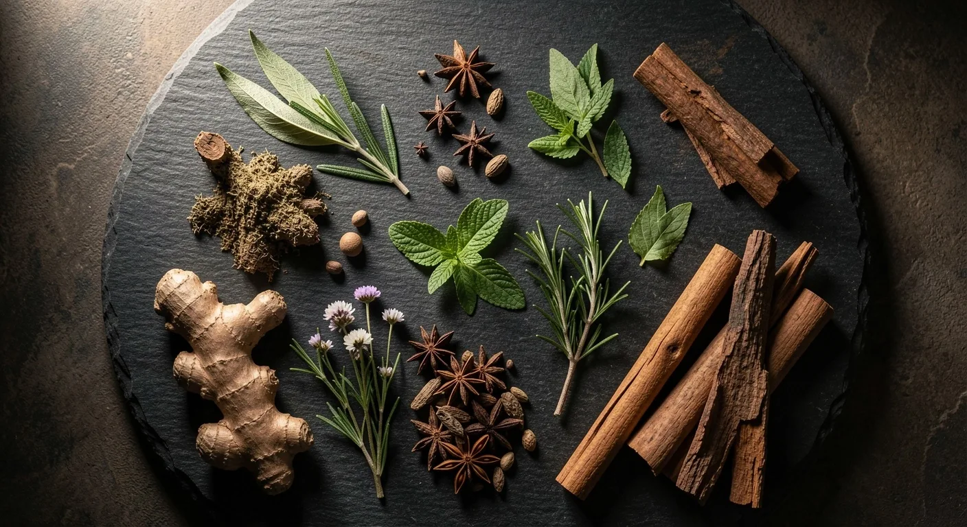 Botanical ingredients on dark stone