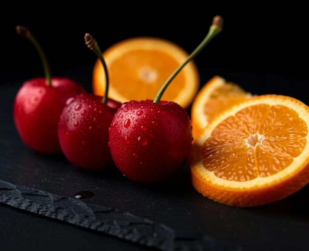 Acerola cherries and citrus on dark slate